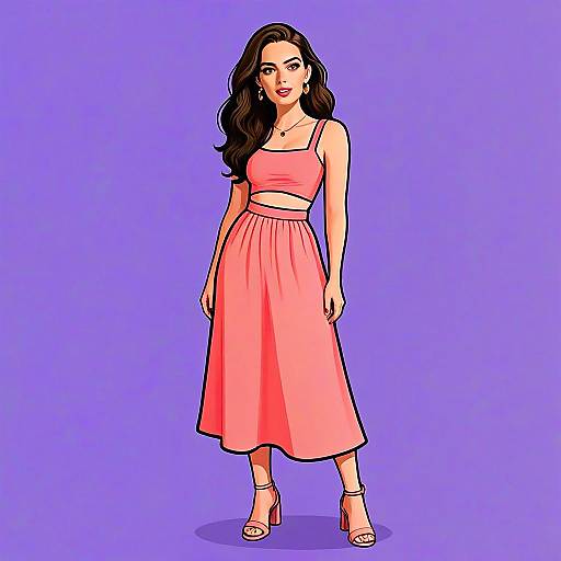 Woman Wearing Coral Asymmetrical Cut-Out Midi Dress with Heeled Sandals Illustration