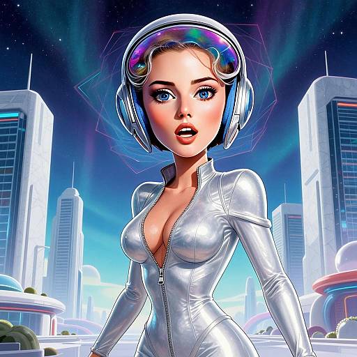 Futuristic Woman in Silver Bodysuit with Hi-Tech Helmet in Cyberpunk Cityscape
