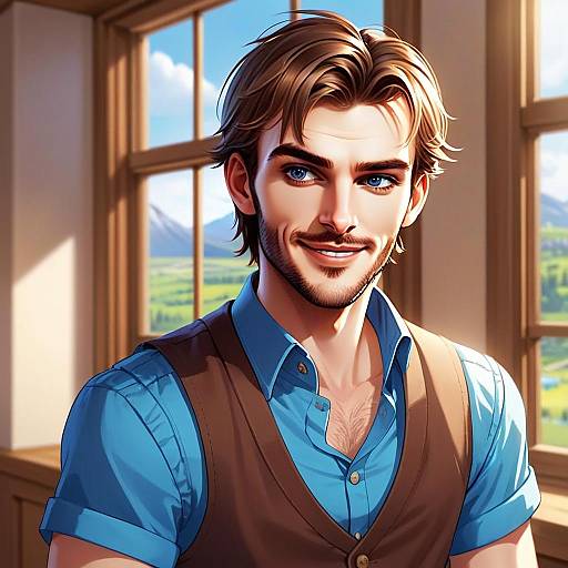 Handsome Young Man in Blue Shirt and Brown Vest with Countryside View Digital Portrait