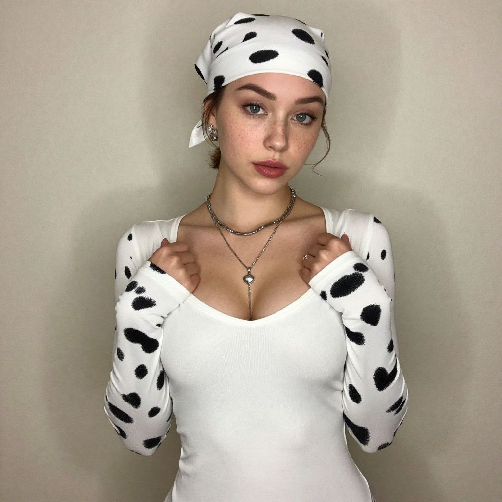 Young Woman in White Spot Patterned Long Sleeve Top and Headscarf