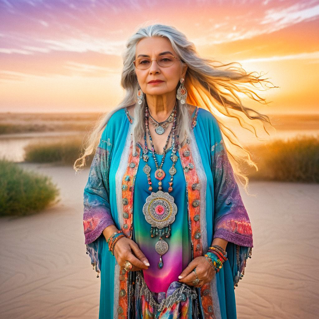 Elderly Woman in Colorful Garment at Sunset