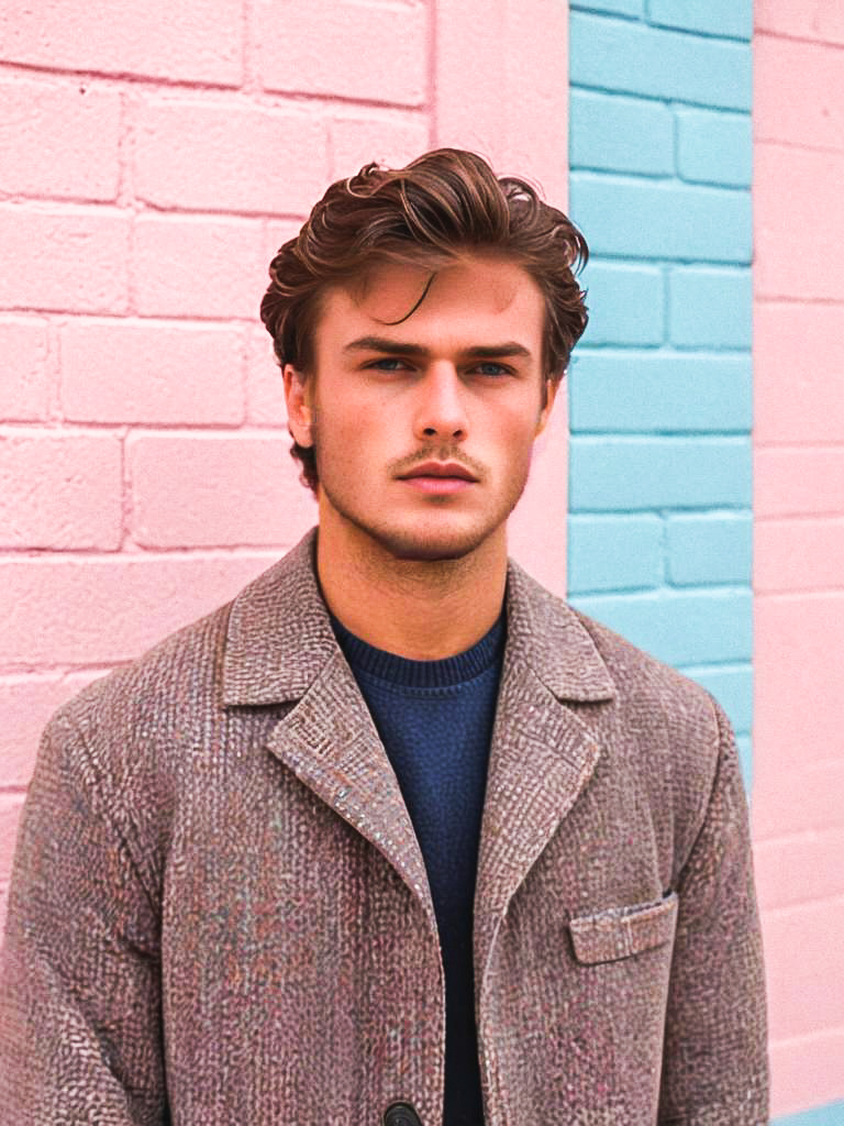 Stylish young man in wool coat against pastel backdrop