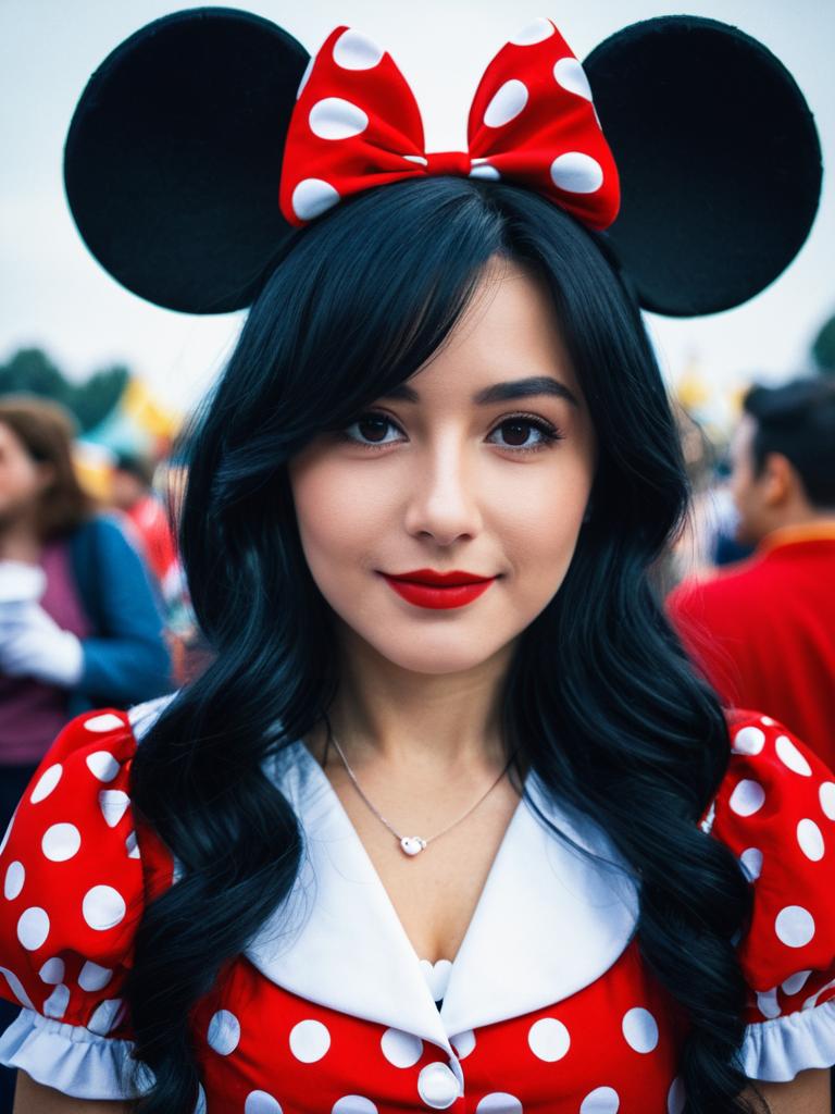 Woman in Classic Minnie Mouse Costume with Polka Dot Dress and Bow Headband