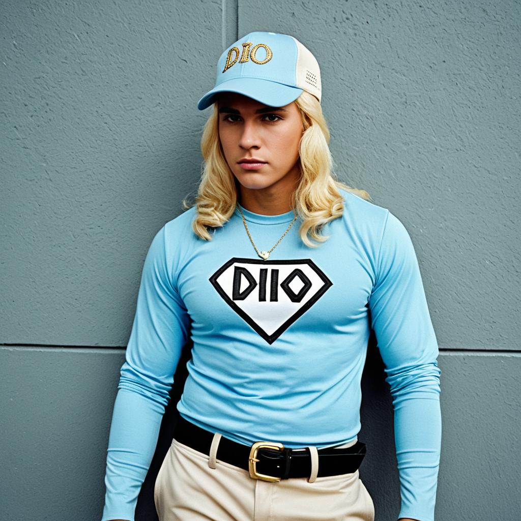 Man in Light Blue DIO Shirt and Cap Streetwear Fashion