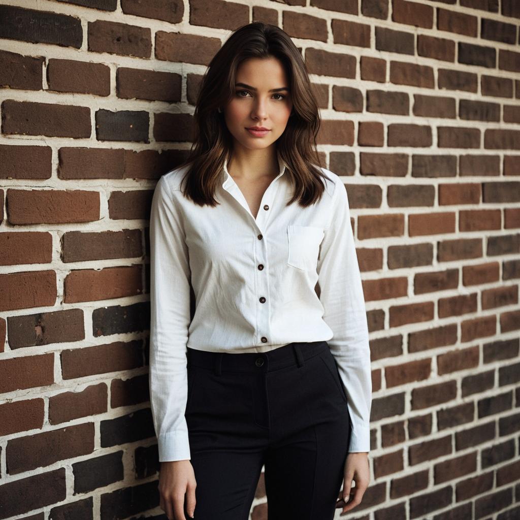 Professional Young Woman in White Shirt Standing by Brick Wall