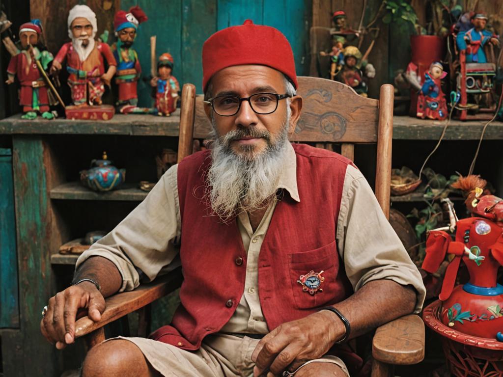 Elderly Indian Man in Red Hat with Colorful Statues