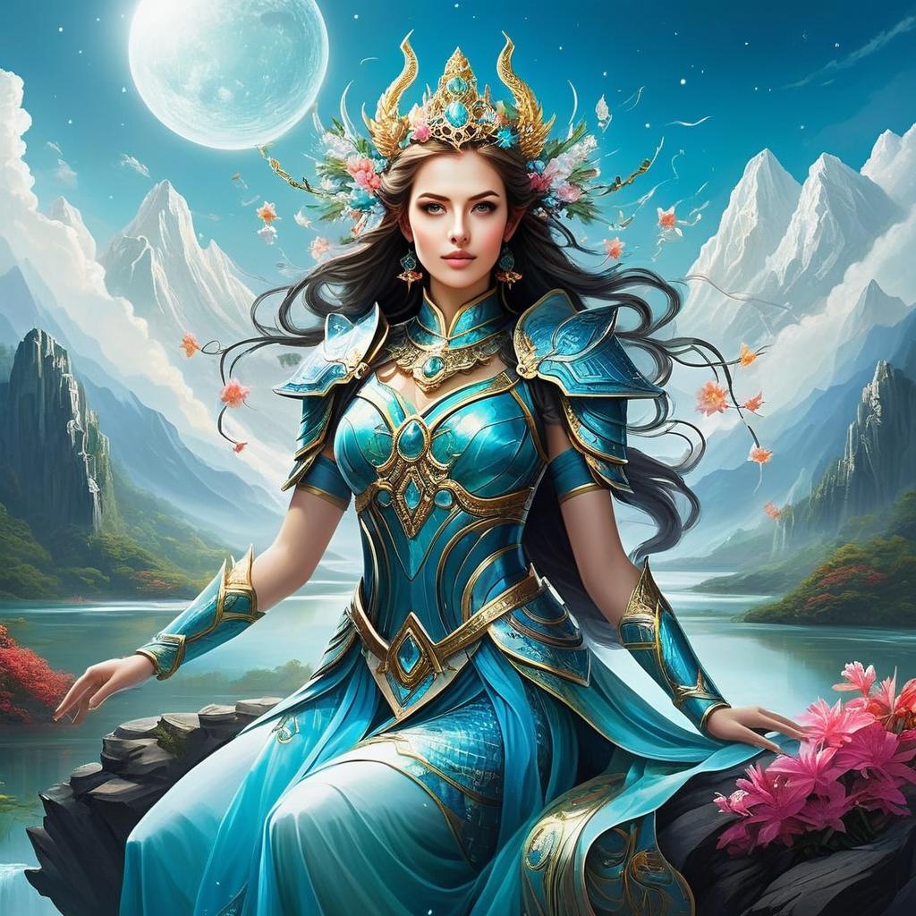 Regal Woman in Blue and Gold Armor by Serene Lake