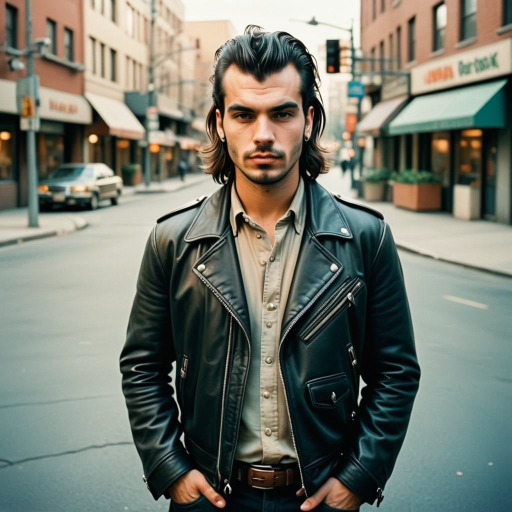 Confident Young Man in Leather Jacket on City Street