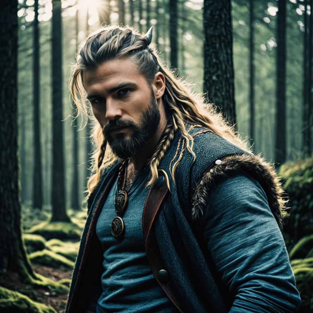 Medieval Viking Man with Braided Hair in Forest