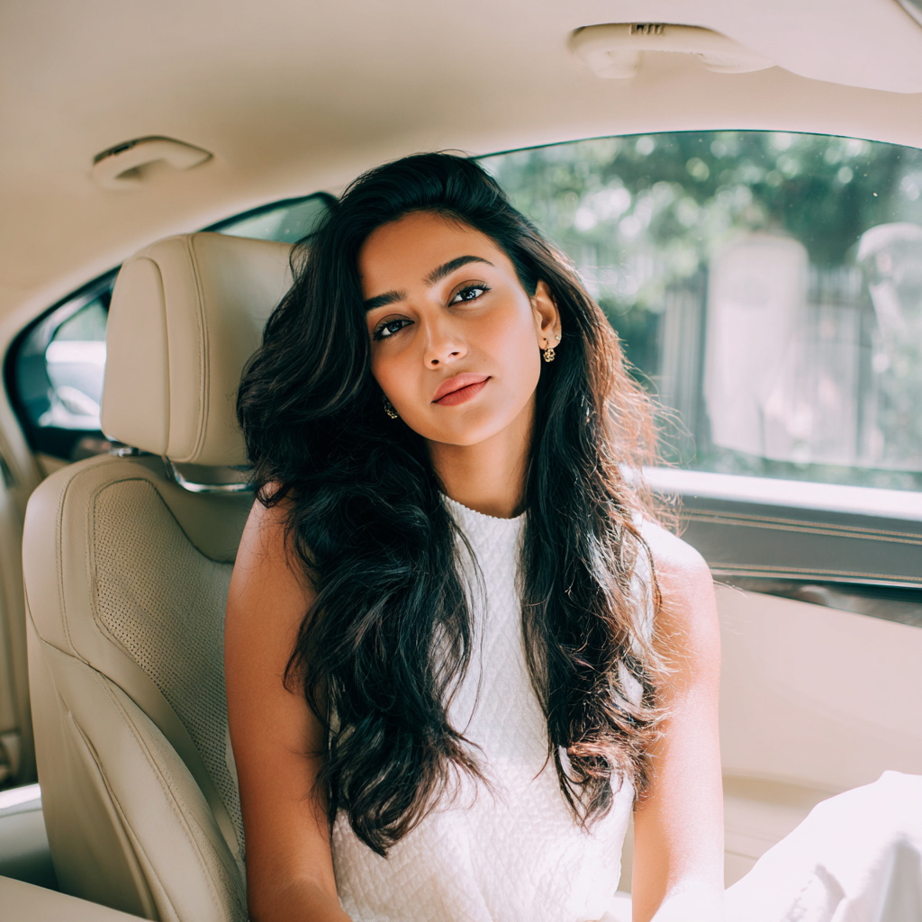 Elegant Young Woman in Car