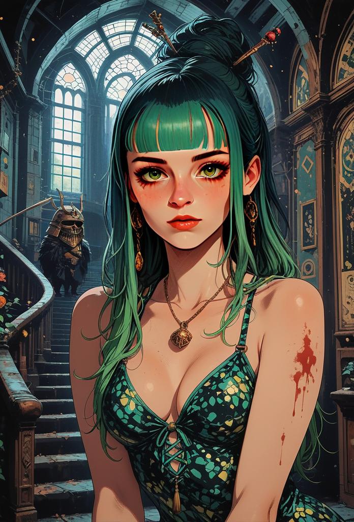 Anime Style Fantasy Woman with Green Hair and Samurai in Grand Hall