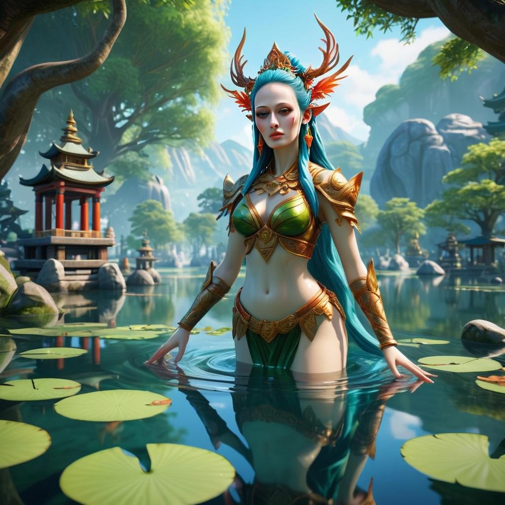 Mystical Woman in Golden Armor in Serene Pond Mystical Woman in Golden Armor in Serene Pond