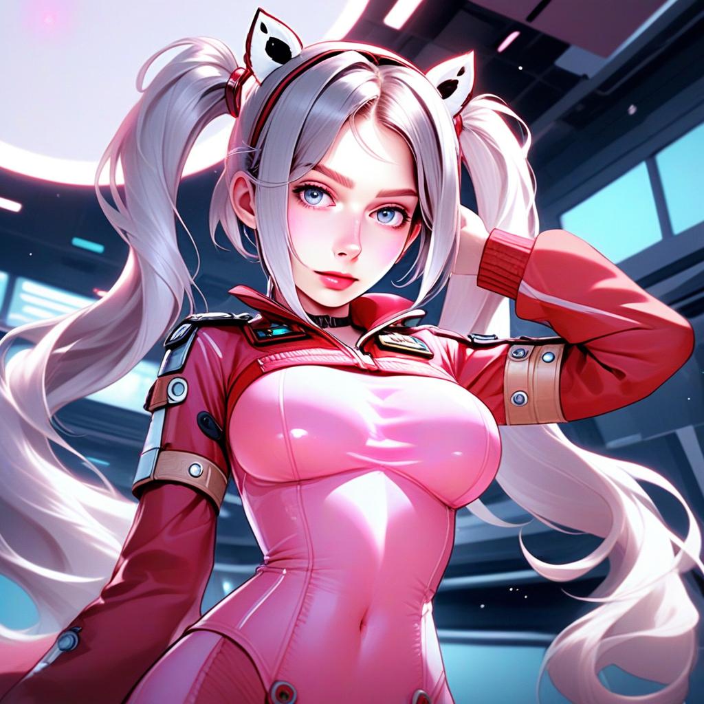 Anime Style Futuristic Woman with Cat Ear Accessories and Twin Ponytails