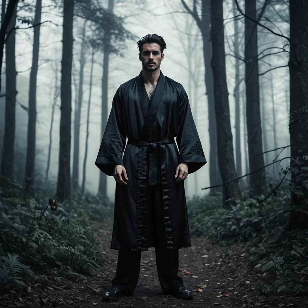 Mysterious Man in Black Robe in Misty Forest