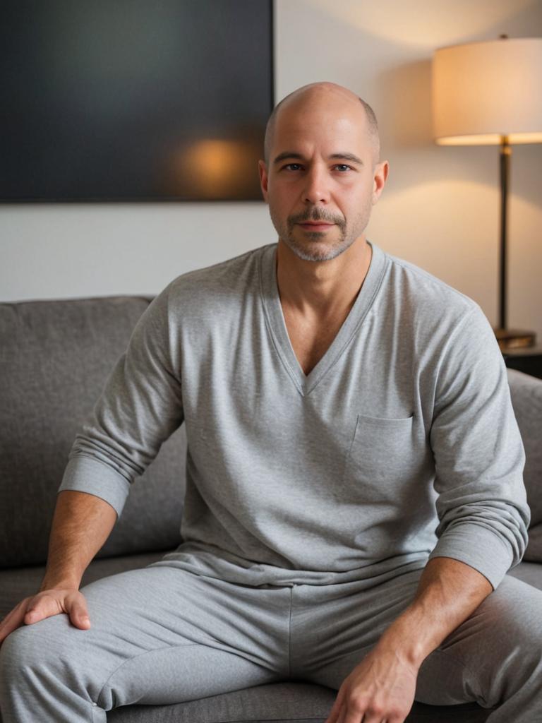 Casual man on grey couch with modern decor