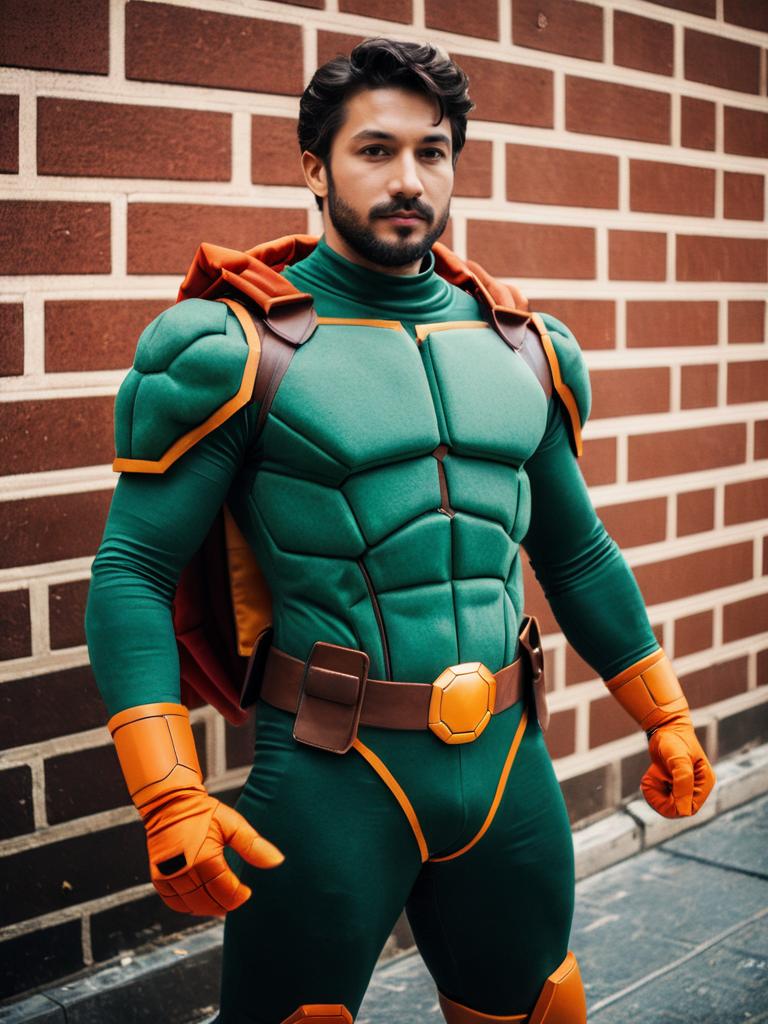 Man in Realistic Michelangelo Teenage Mutant Ninja Turtles Cosplay Costume