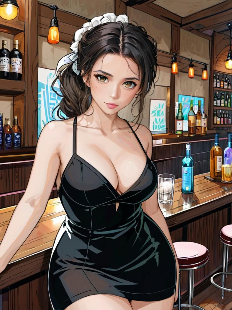 Anime-style woman in elegant black dress at bar