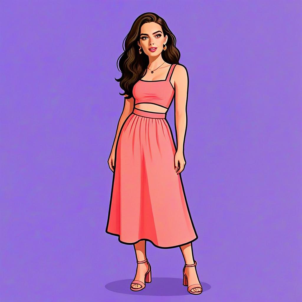 Woman Wearing Coral Asymmetrical Cut-Out Midi Dress with Heeled Sandals Illustration