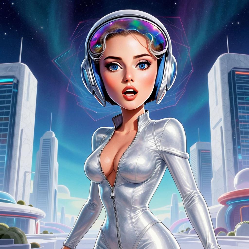 Futuristic Woman in Silver Bodysuit with Hi-Tech Helmet in Cyberpunk Cityscape