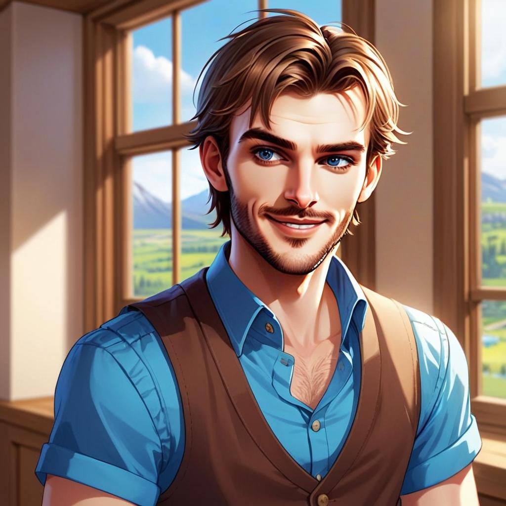 Handsome Young Man in Blue Shirt and Brown Vest with Countryside View Digital Portrait