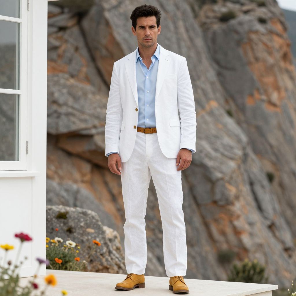 Man in White Suit Standing on Terrace with Rocky Cliff Background