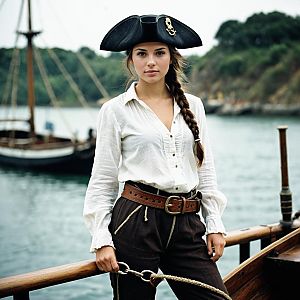 Young Woman in Classic Pirate Clothes on Boat with Tricorn Hat