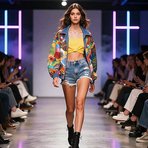 Gen Z Fashion Model in Tropical Bomber Jacket and Denim Shorts on Runway
