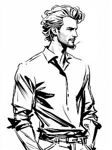 Confident Man in Casual Attire - Black and White Illustration