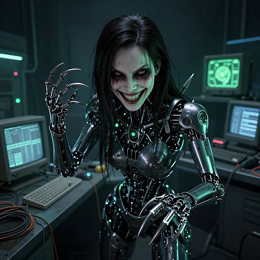 Menacing Female Cyborg with Claws in Futuristic Computer Lab