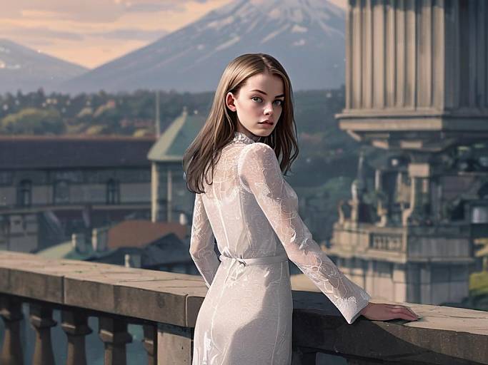 Young Woman in Lace Dress on Balcony with Mountain View Digital Art