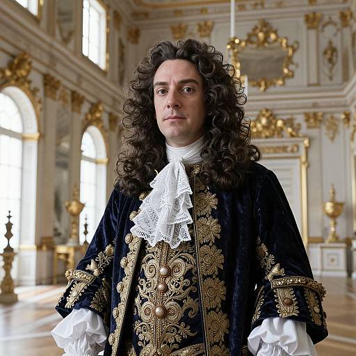 Man in Baroque Costume with Ornate Gold Embroidery in Luxurious Interior