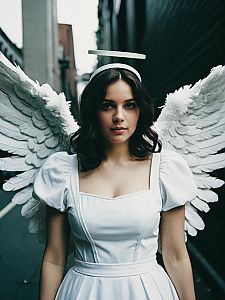 Woman in Angel Costume with Feathered Wings and Halo in Urban Setting