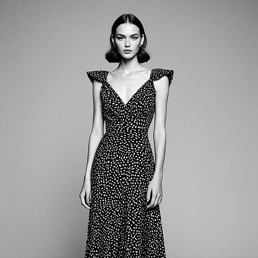 Elegant Woman in Black and White Abstract Pattern Dress Fashion Portrait