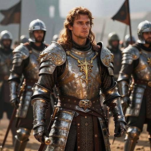 Medieval Knight in Ornate Armor Leading Soldiers