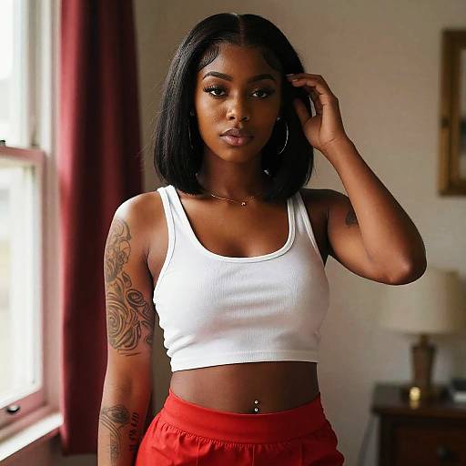Portrait of Young Woman in White Crop Top and Red Pants with Tattoos