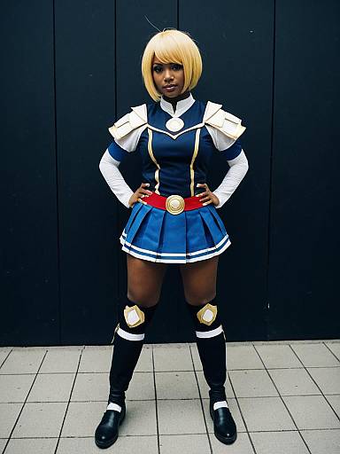 Anime-Inspired Cosplay Warrior Woman in Blue and Gold Costume
