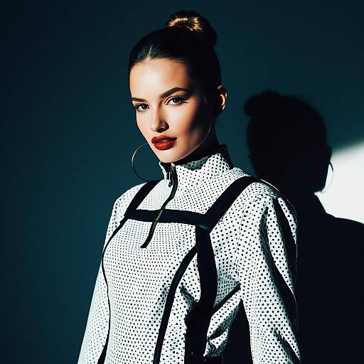 Confident Woman in Stylish Polka Dot Jacket with Bold Makeup