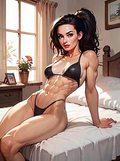 Muscular Woman in Black Bikini Digital Illustration on Bed
