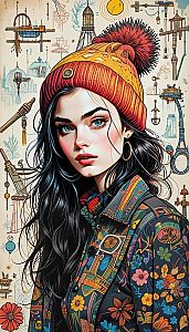 Young Woman in Colorful Jacket and Knit Hat