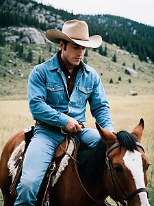 Man in Brokeback Mountain Cowboy Costume Riding Horse Outdoors