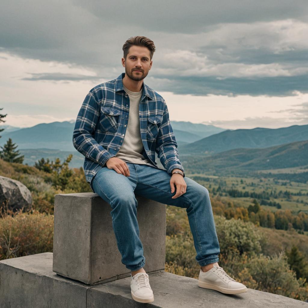 Casual Man on Concrete Block in Scenic Landscape