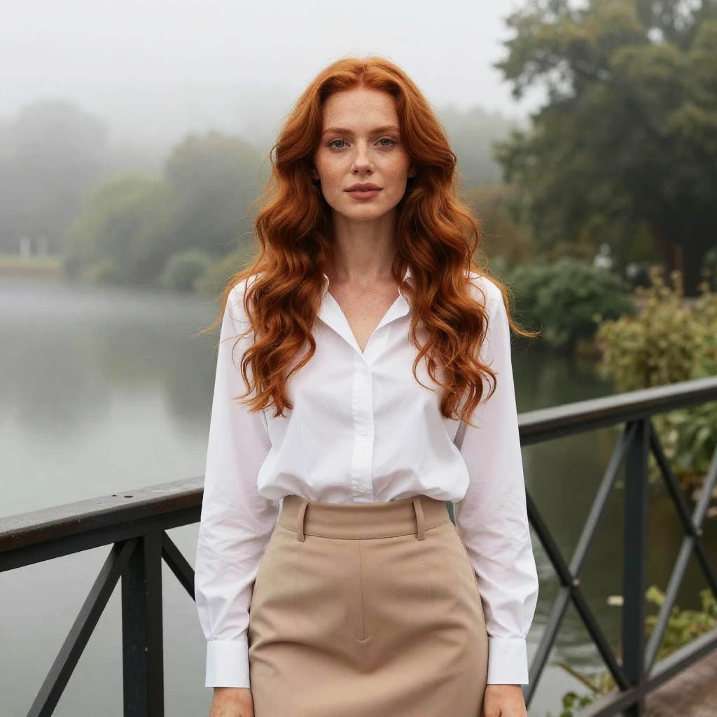 Redhead Woman Standing on Bridge by Misty Lake in White Shirt and Beige Skirt