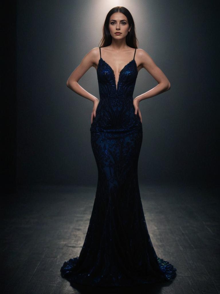 Confident Woman in Elegant Dark Blue Gown