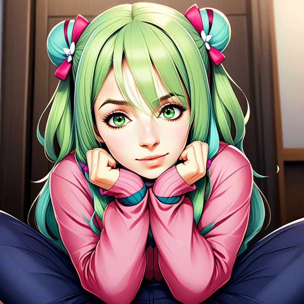 Anime Style Girl with Green Hair in Pink Sweater by Morinaka Kazaki