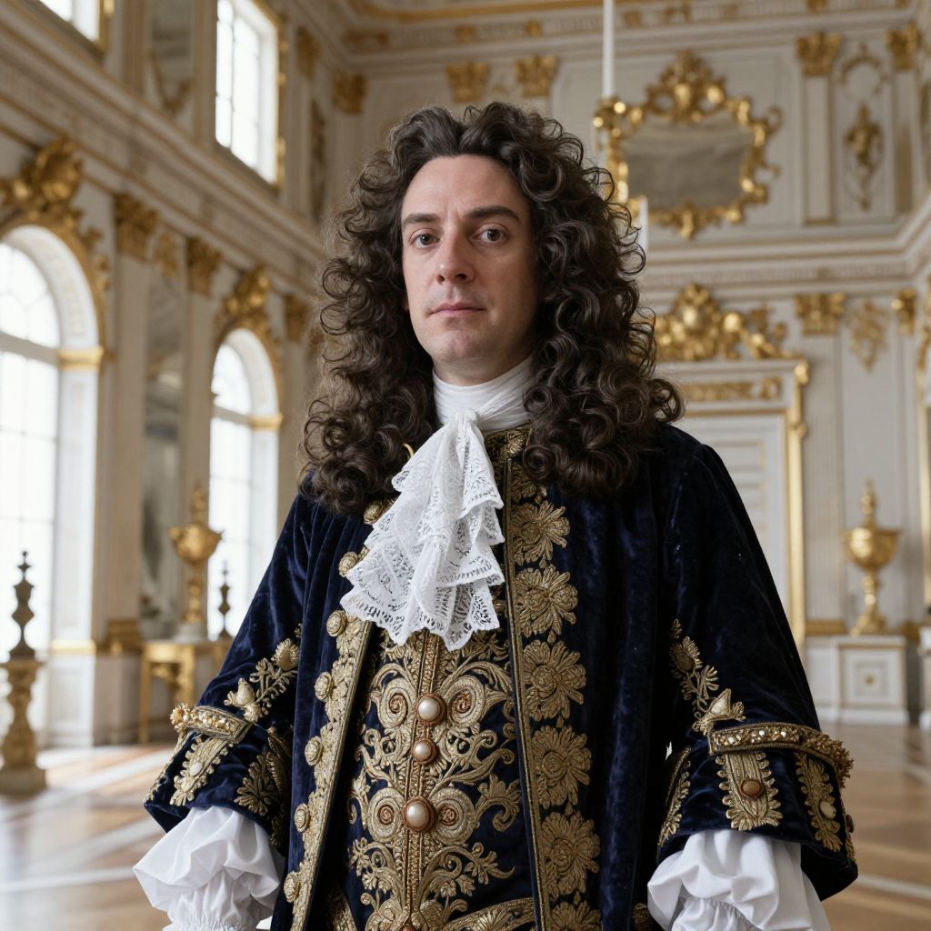 Man in Baroque Costume with Ornate Gold Embroidery in Luxurious Interior