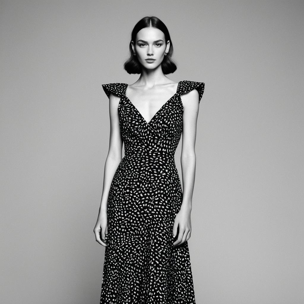 Elegant Woman in Black and White Abstract Pattern Dress Fashion Portrait