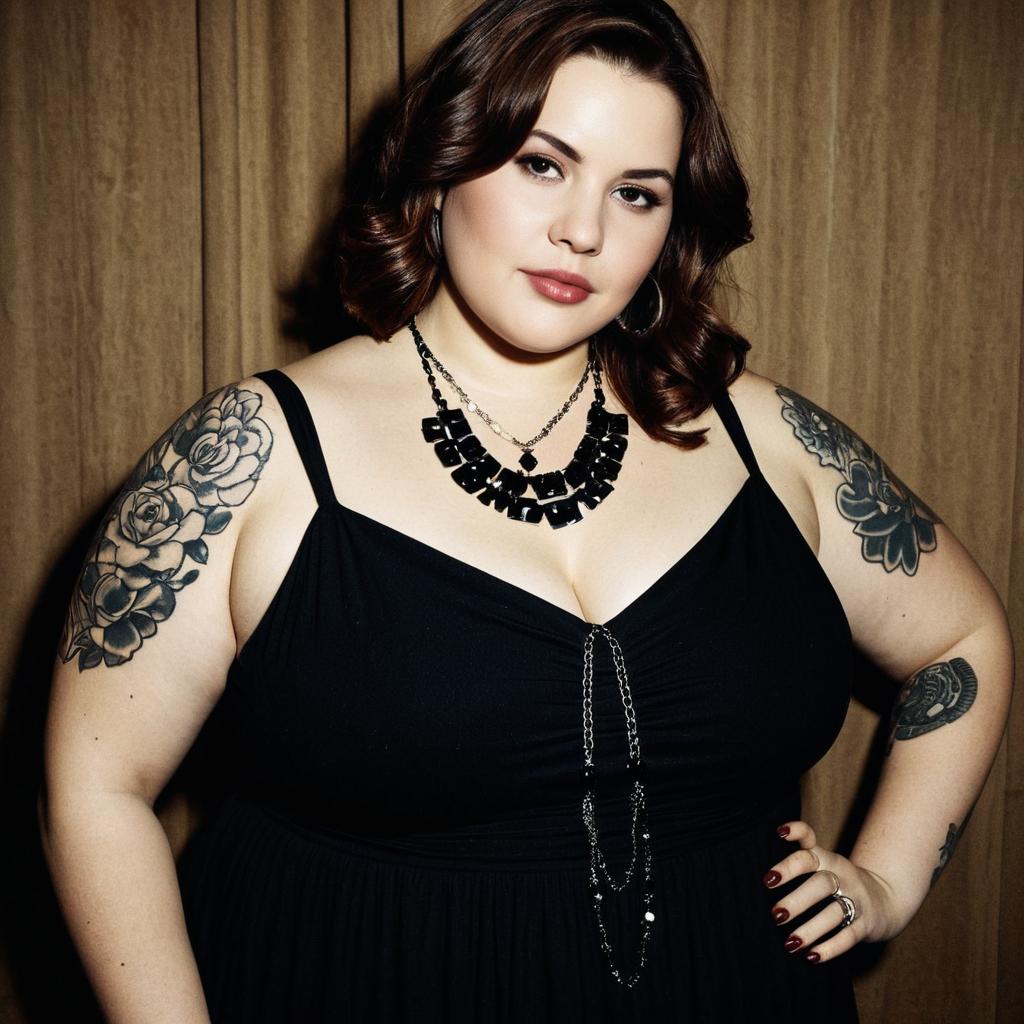 Confident Plus-Size Woman in Black Dress with Floral Tattoos