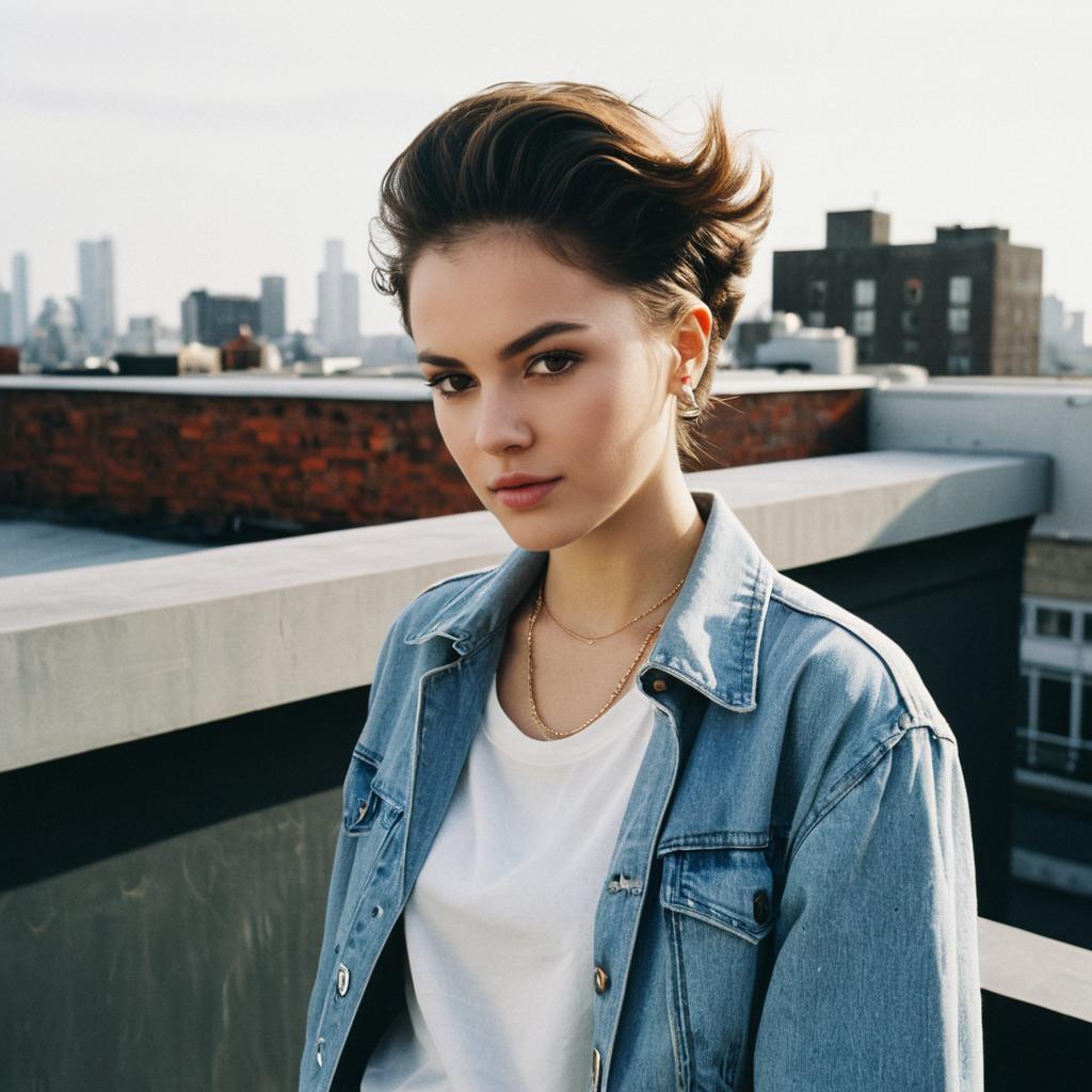 Young Woman with Short Hair on Urban Rooftop Wearing Denim Jacket