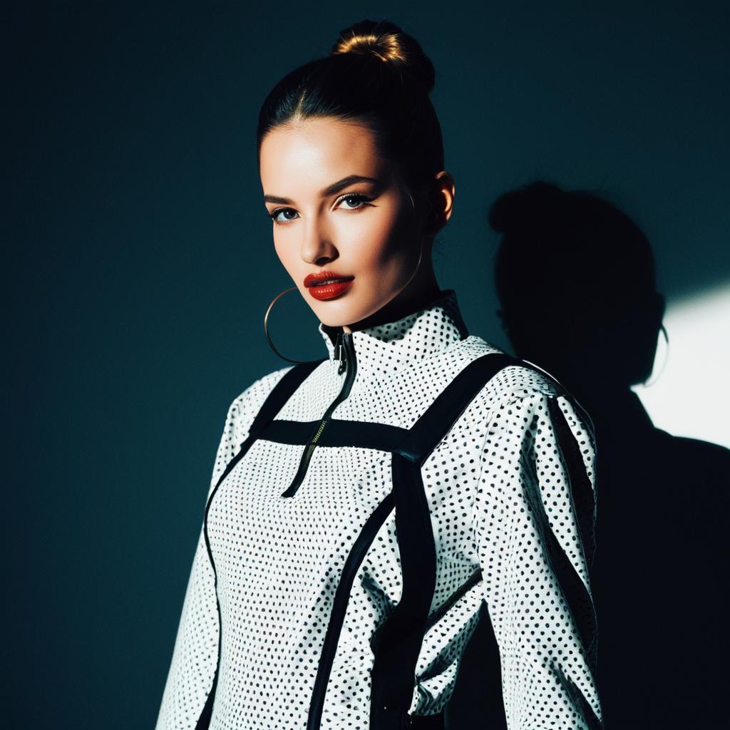 Confident Woman in Stylish Polka Dot Jacket with Bold Makeup