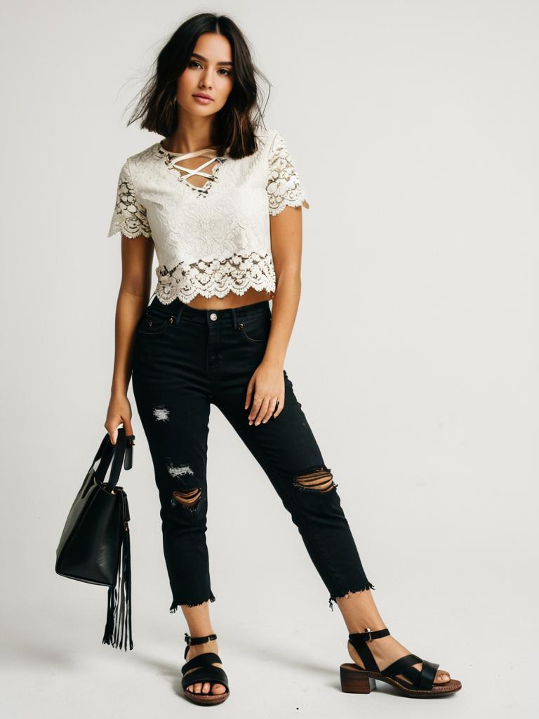 Woman in Boho Chic Ivory Lace Crop Top with Distressed Black Jeans and Black Sandals